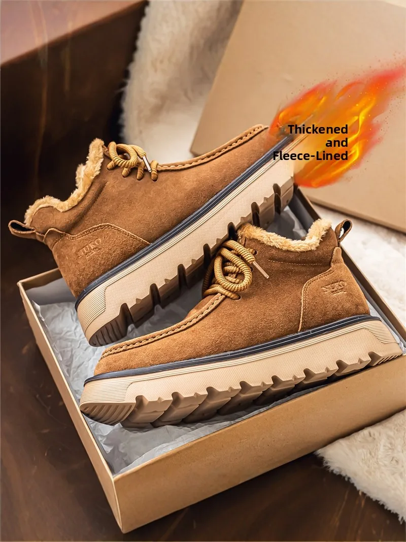 

Men's Winter Warm Cotton Flip Leather Shoes High Top Sport Casual Thick Bottom Workwear Boots Daily Low Heel round Toe