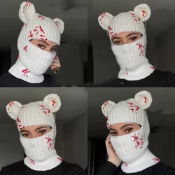 Cute Full Face 모자 Cover Ski Mask Hat with Bear Ear Balaclava Knitted Hats Windproof Skullies Beanies Winter Warm Unisex Caps