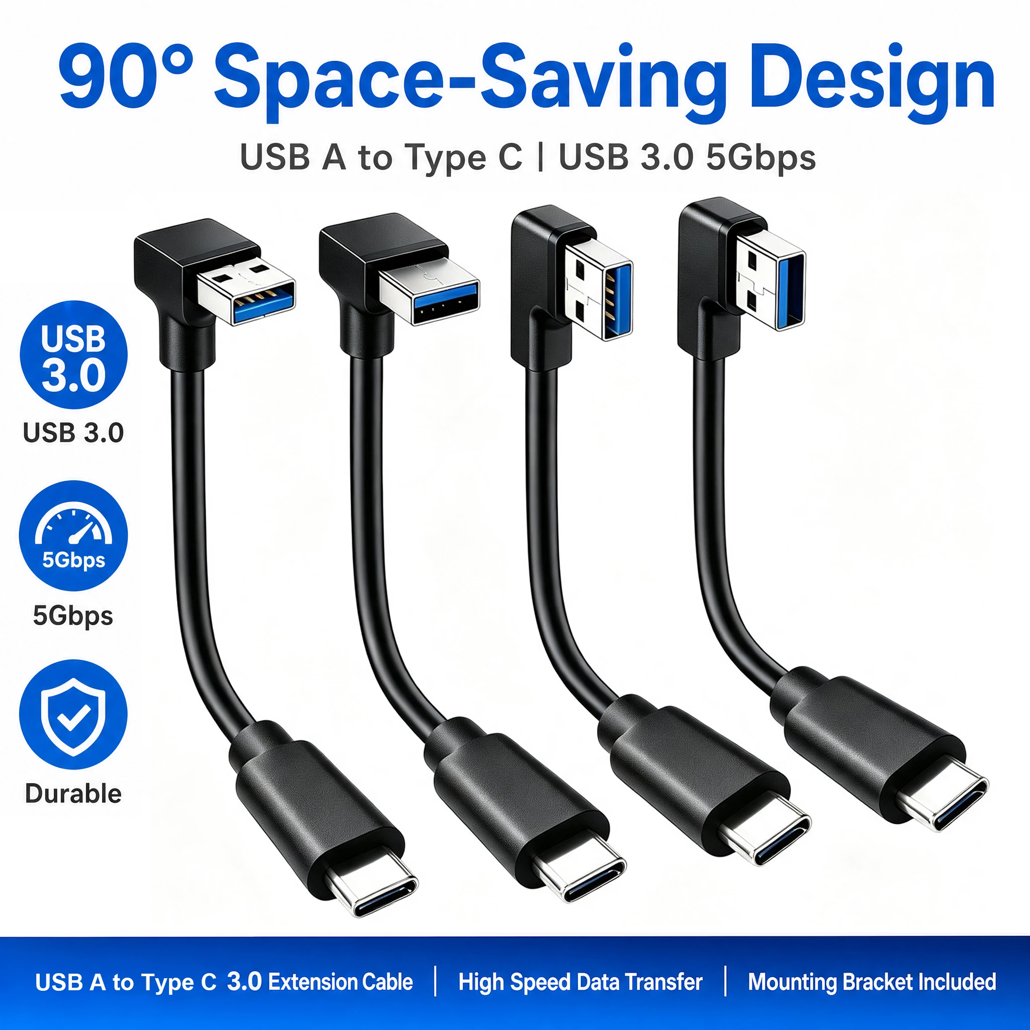 USB 3.0 Extension Cable 90 ° Elbow USB A To Type C Data Cable Male To Male 5GBPS High-speed Transmission 0.3M 0.5M 1M 3M