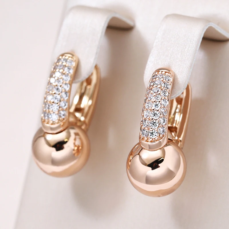 Kinel New Glossy Ball Dangle Earrings For Women 585 Rose Gold Hang Ear Clip Natural Zircon Earrings Elegant Fine Daily Jewelry