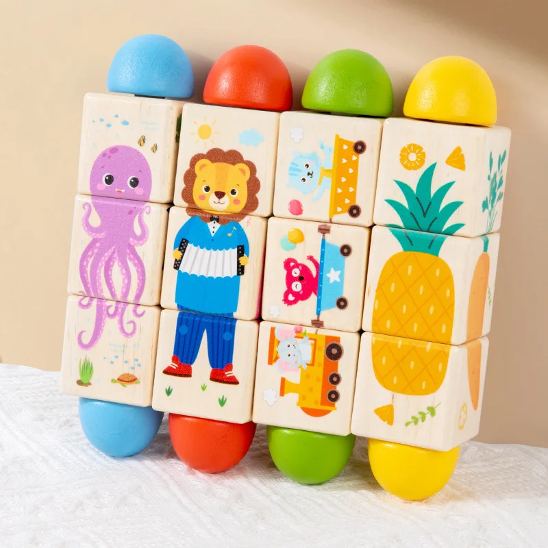Blocchi puzzle rotanti in legno 3D Trasporto di animali Frutta Puzzle Giocattolo Educazione precoce per bambini per divertimento cognitivo del colore della forma