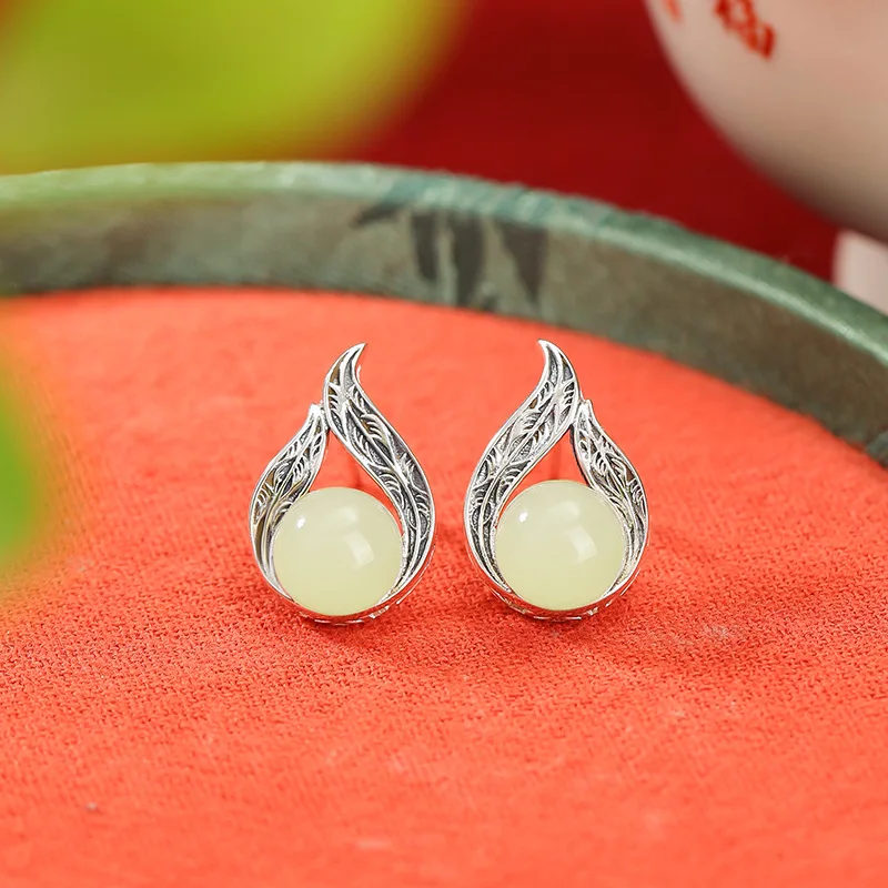 S925 Hetian Jade Vintage Arabesque Pattern Round Bead Hollow Silver Earrings