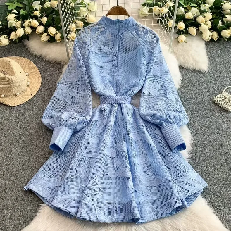 Women 3D Floral Embroidery Mesh Dress Stand Collar Lantern Long Sleeve Single Breasted Drawstring Waist Elegant Mini Dress