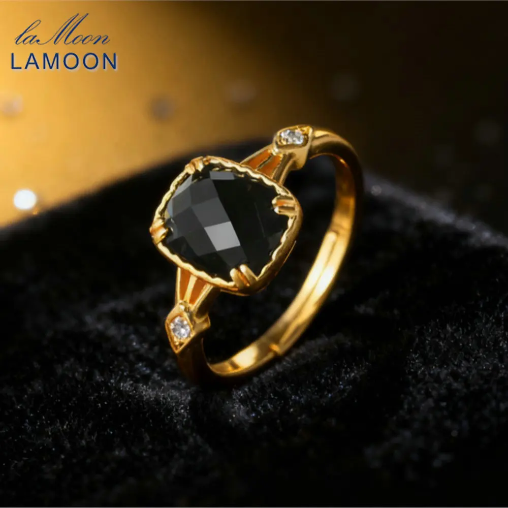 لامون فاخر خمر العقيق الأسود الطبيعي خاتم الأحجار الكريمة للنساء أنيقة 925 فضة 14K الذهب Vermeil غرامة مجوهرات #1
