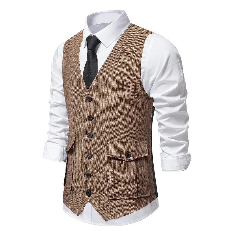 Men Vintage Blue Herringbone Tweed Suit Vest 2023 Brand New Elegant Sleeveless Vest Waistcoat Men Business Casual Gilet Homme