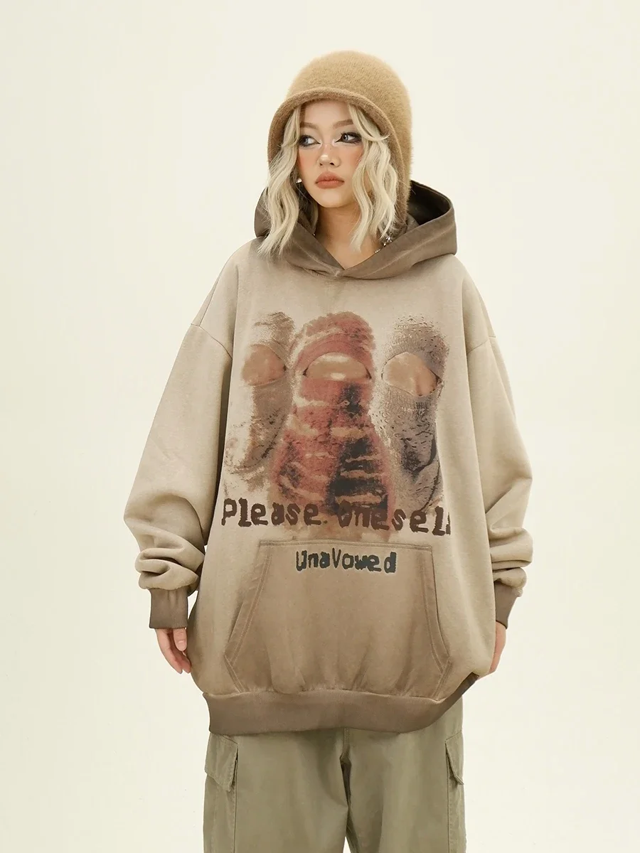 Abstract Printed Hooded  Women's 2024 Autumn New Loose Bf American Retro Couple Top Tide Hoodies