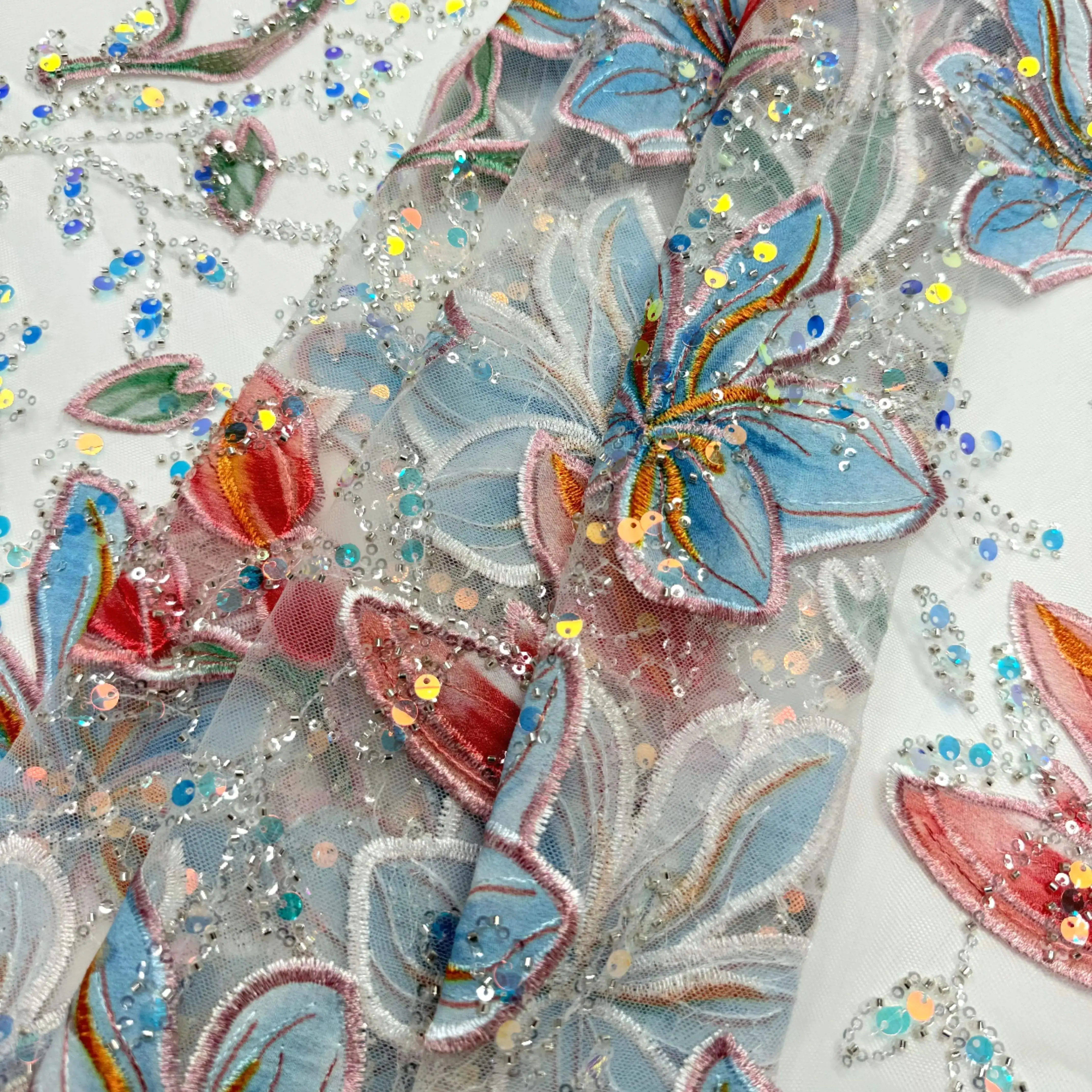 

Luxury European Printed Embroidered Sequins African Mesh Beaded Fabric Lace For Dress Sewing Party Wear 5 Yards Material