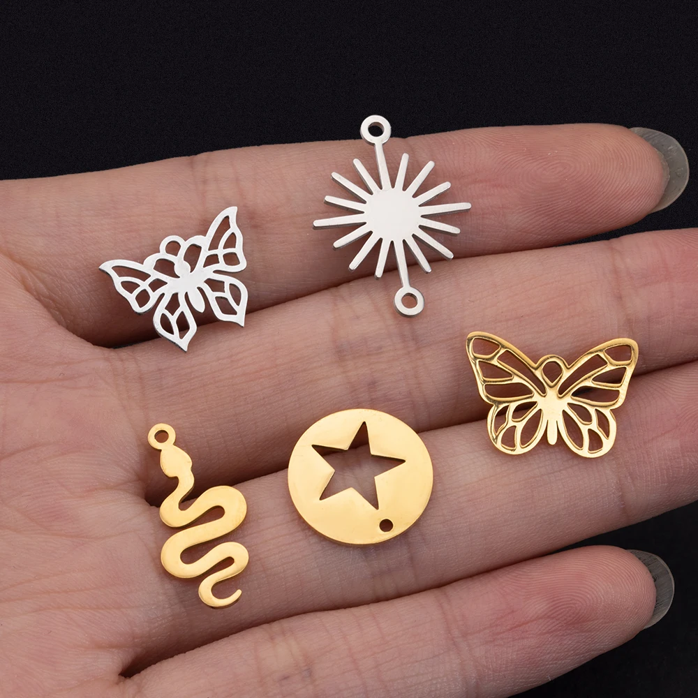 5pcs Stainless Steel Charms Round Star Butterfly Pendants for Necklace Handmade Earring Component DIY Jewelry Making Accessories