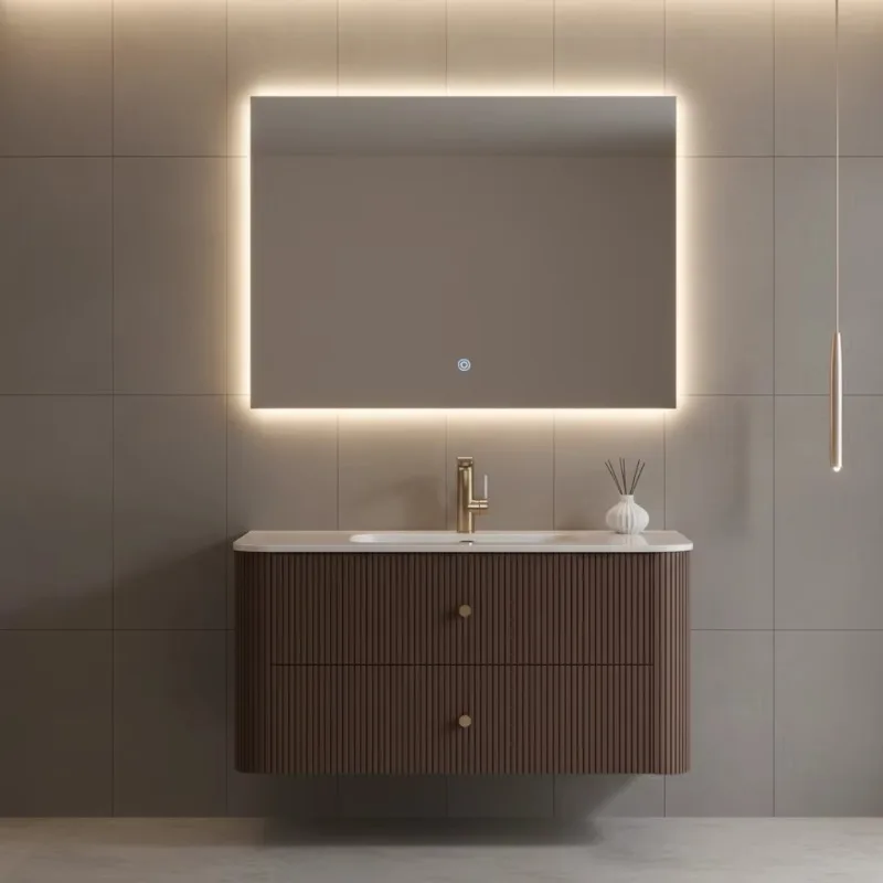 Round corner vanity bathroom cabinet ceramic basin LED mirror wall-mounted slow closing plywood