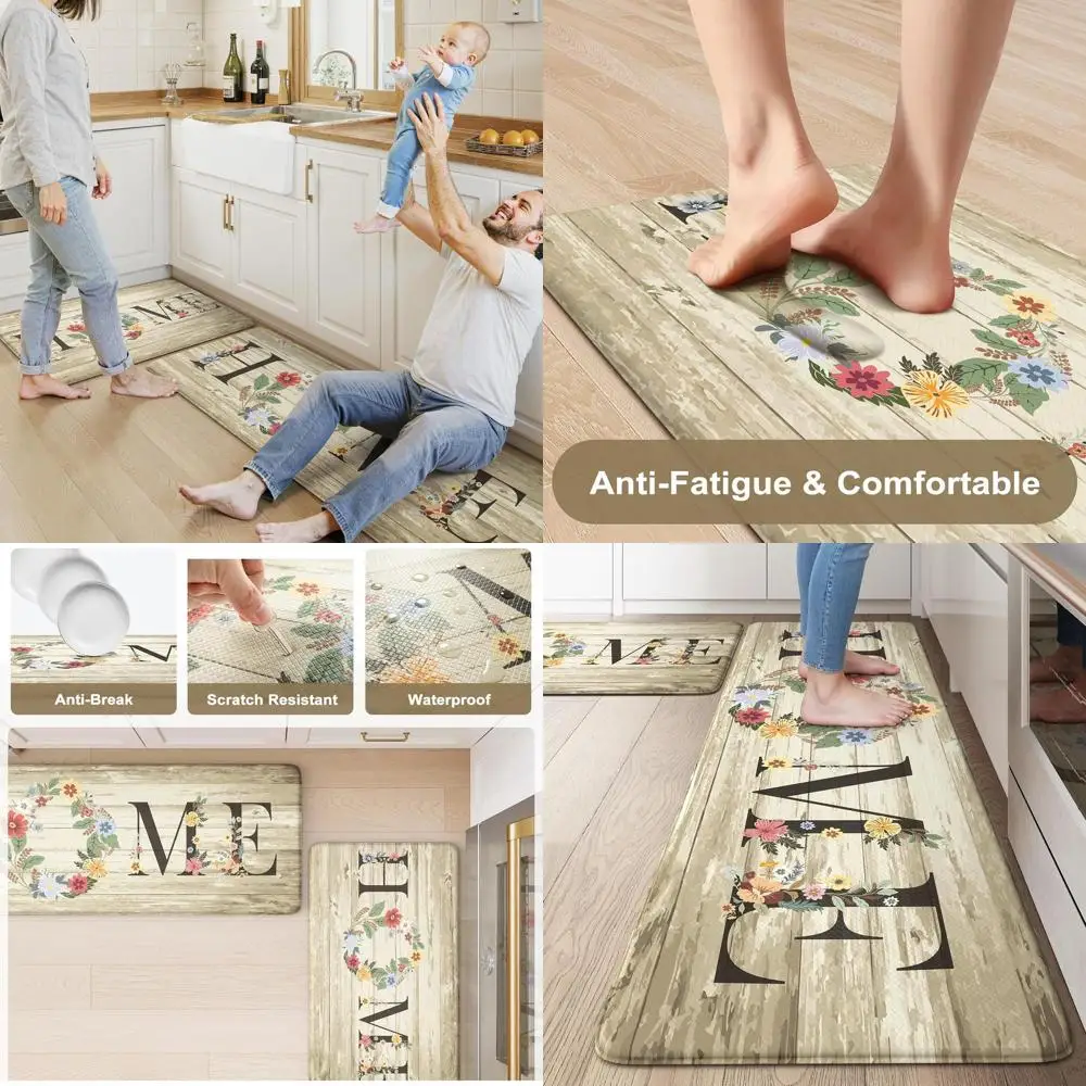 

Kitchen Floor Anti-Fatigue Mats, Farmhouse Floral Rug Set, Non-Slip Cushioned Carpet, Memory Foam Runner for Bathroom, Laundry,