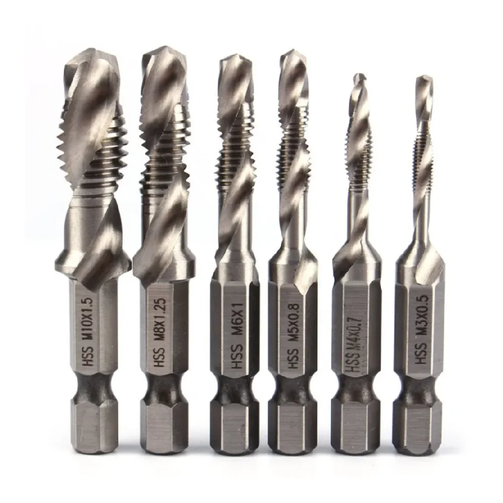 Conjunto de 6 Peças de Machos de Roscar e Brocas HSS M3-M10, com Machos de Roscar, Machos de Roscar HSS, Machos de Roscar Métricos, Machos de Roscar para Rosca Cônica e Machos de Roscar para Rebarbação, em Aço de Alta Velocidade, com Encaixe Hexagonal de Troca Rápida de 1/4 de Polegada