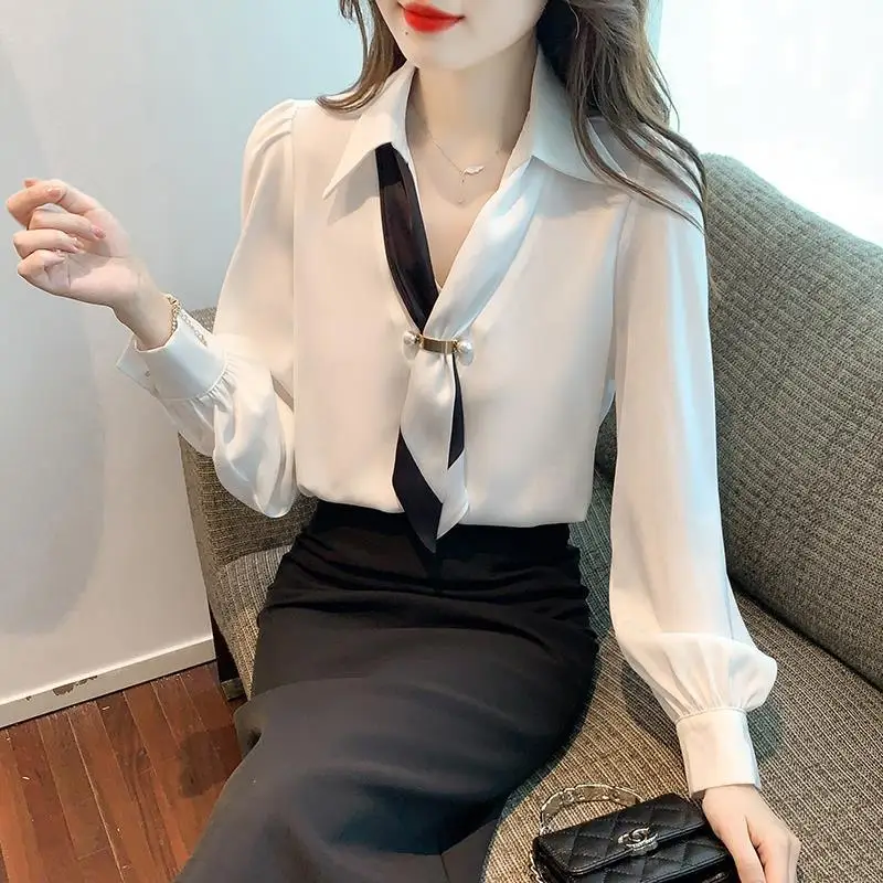 Women Bow Tie Luxury Design Elegant Blouse Korean Fashion Business Casual Office Lady Shirt Spring Autumn V Neck Long Sleeve Top