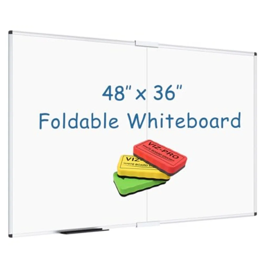 

Dry Erase White Board/Magnetic Foldable Whiteboard, 48 X 36 Inches, Silver Aluminium Frame, with 3 Colored Erasers