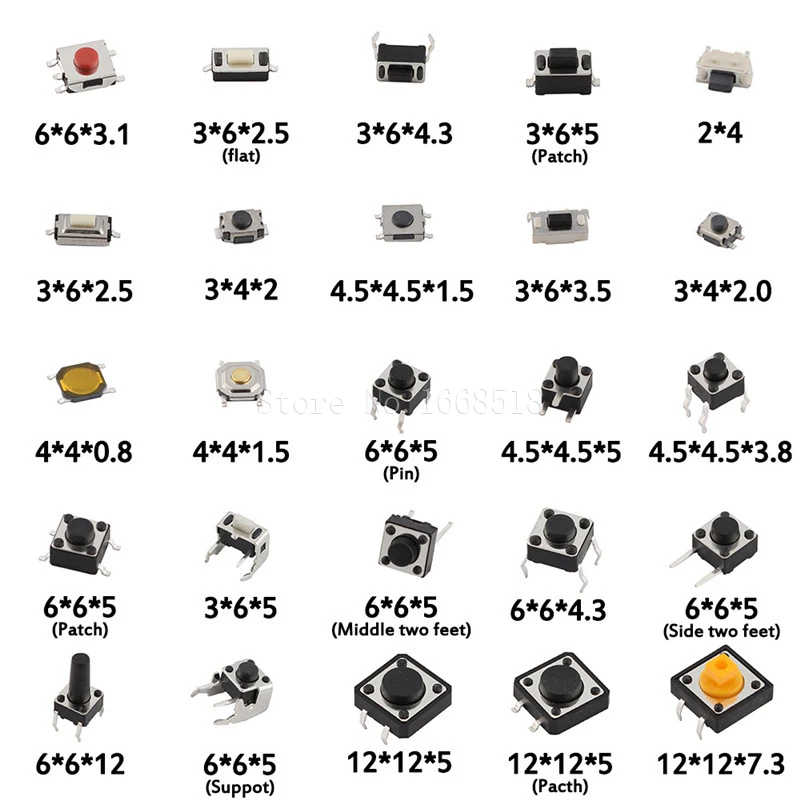 250pcs/box Micro Switch Assorted Push Button Tact Switches Reset 25Types Mini Leaf Switch SMD DIP 2*4 3*6 4*4 6*6 Diy Kit