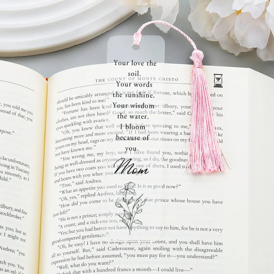 

Custom Flower Text Bookmark Personalized Bookmarks Acrylic Book Mark Gifts for Mom Gift for Mother's Day Bookmark with Tassel