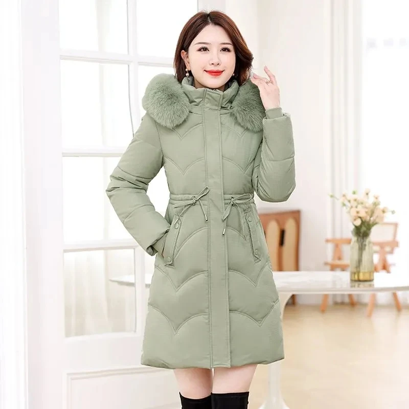 Zimowa ciepła parka damska z futrzanym kołnierzem i kapturem, modna, wygodna, z kieszeniami na zamek, długa kurtka, elegancka, dopasowana, gruba odzież wierzchnia damska.
