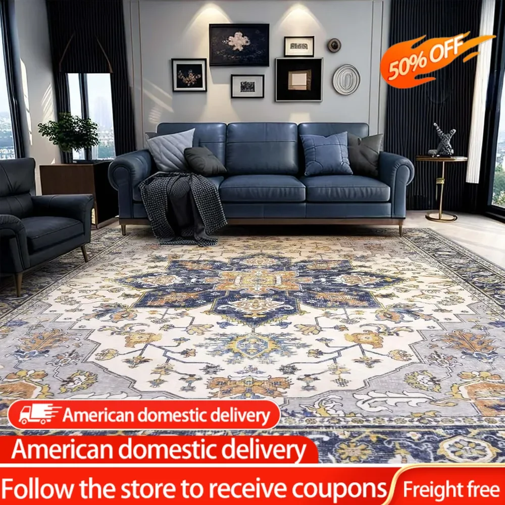 Area Rugs for Living Room 9x12  Vintage Washable Rugs Soft Oriental Floor Carpet Area Carpet Thin Neutral Rug Non Slip Floor Rug