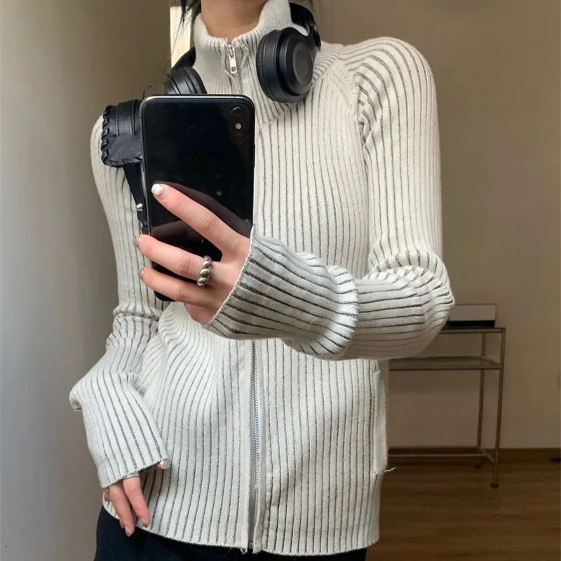 Deeptowm Grey Striped Women Sweater Y2K Retro Turtleneck Korean Fashion Zip Up Knit Cardigan Harajuku Autumn Slim Streetwear