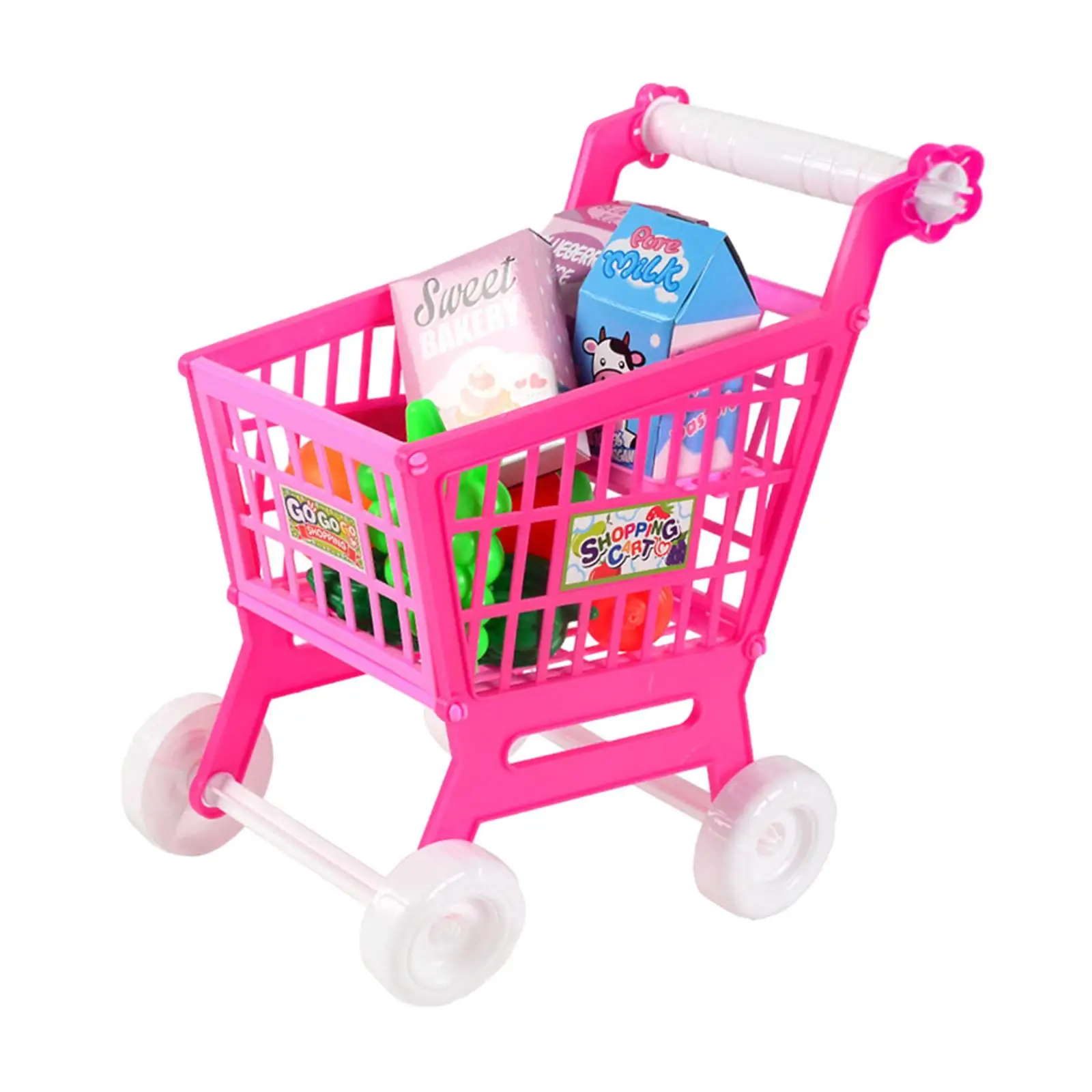 Kids Shopping Cart Pretend Play Set with 8 Random Food Accessories DIY Assembly Trolley Toy for Learning Shopping Skills Boys