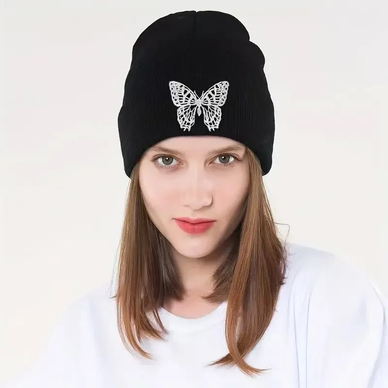 Premium Soft Butterfly Embroidery Solid Color Neutral Warm Thickened Knitted Beanie Hat for Women Winter Cold Weather Cap