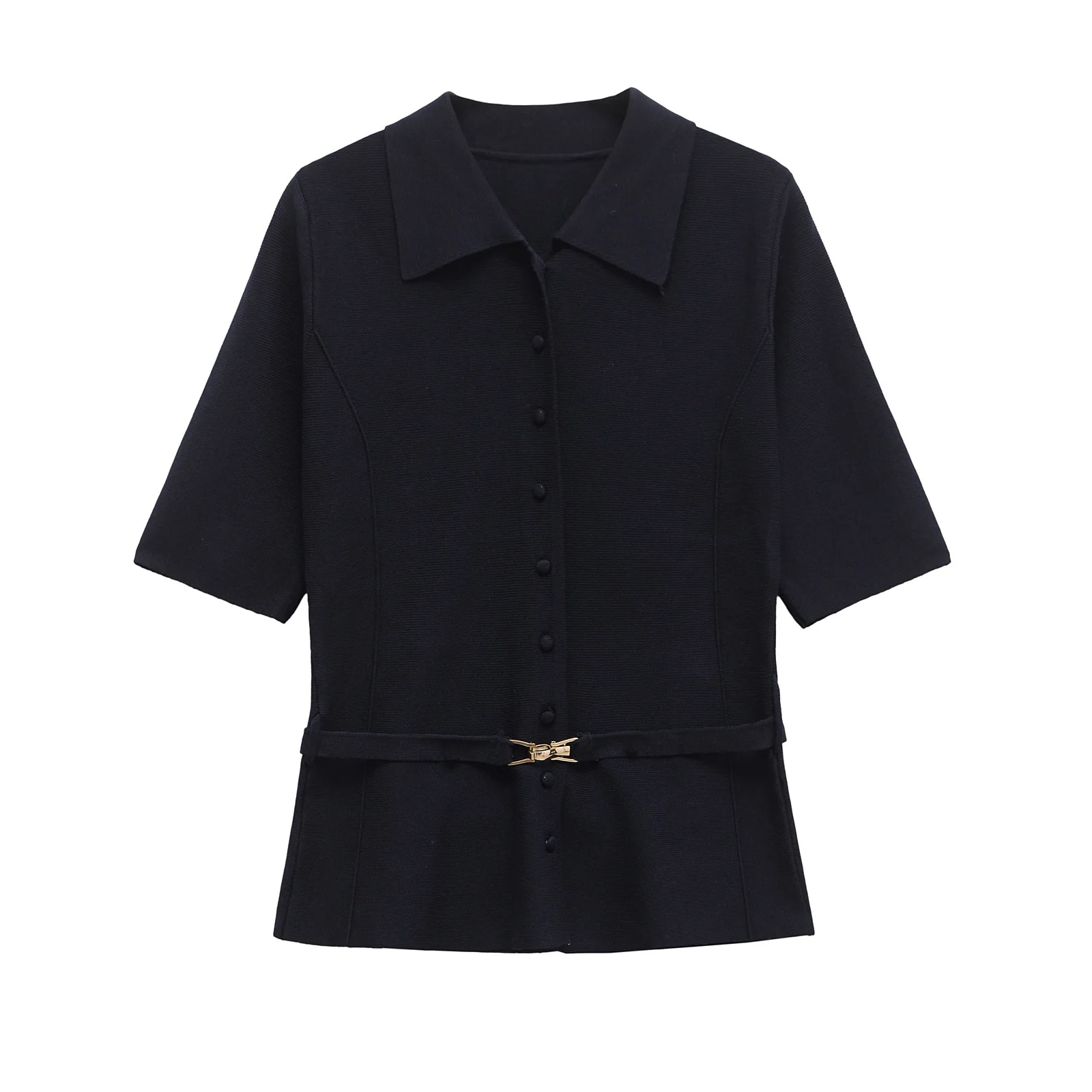 

Women's clothing 2025 summer new European and American style women's clothing new solid color belt decorative flat-pin lapel top