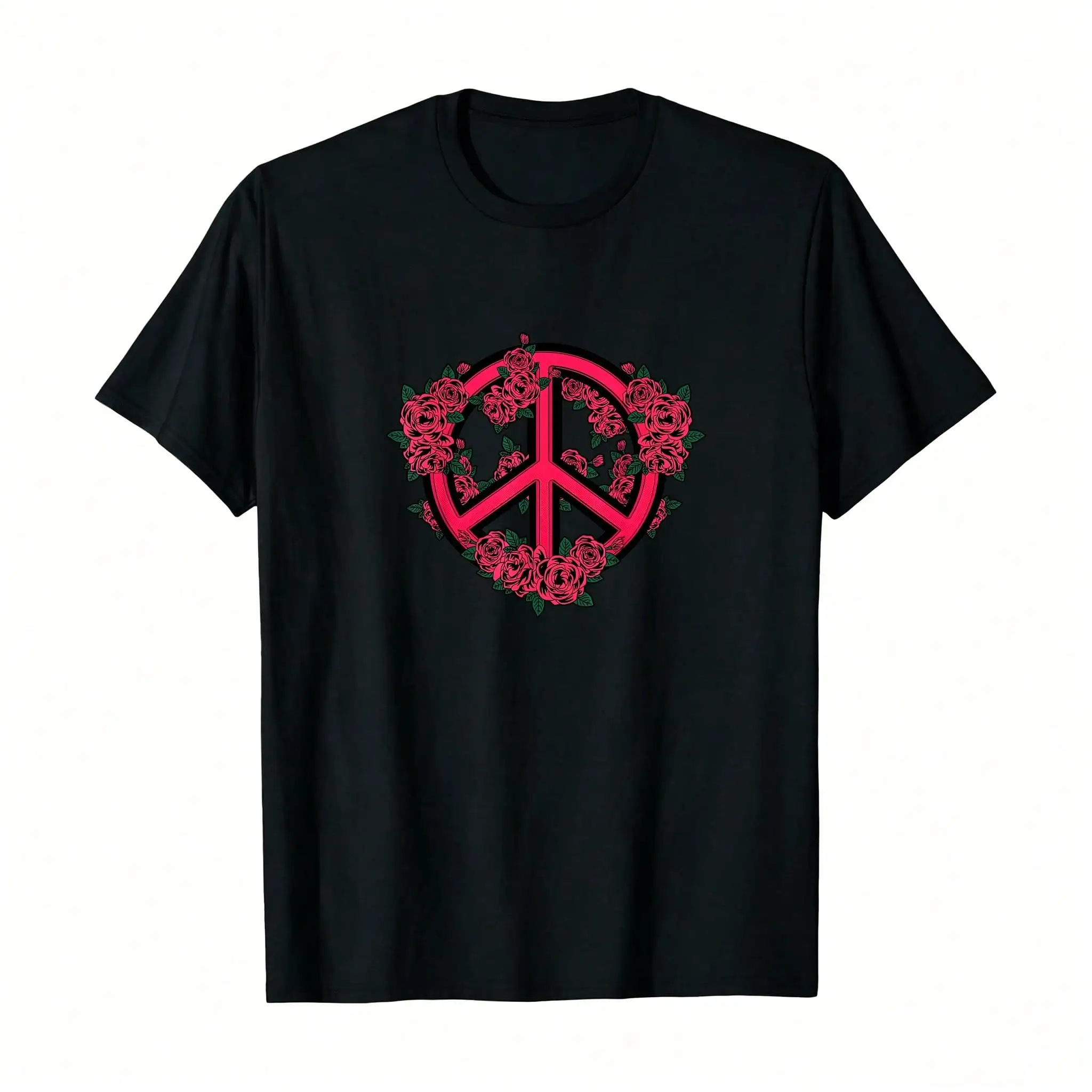 Camiseta con diseño de signo de la paz, rosas rojas, estilo retro de los años 70 y 80, regalo hippie, reuniones, actividades al aire libre o uso diario, top transpirable y cómodo de manga corta con cuello redondo, adecuado para todas las estaciones, uso diario para mujeres