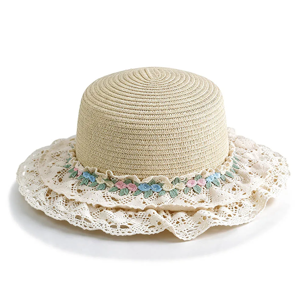 Straw Hat Evoking For french Victorian Elegance Wide Brim Dome Silhouette and Refined Lace Trim for Beach and Settings
