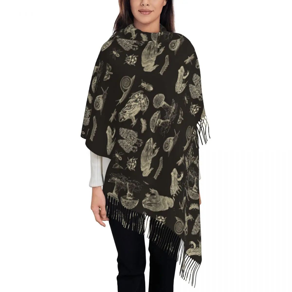 Frog, Mushroom Snail And Moth Insects Scarf Tassel Scarves Women Soft Warm Shawls and Wraps Long Fall Winter Shawl Wrap