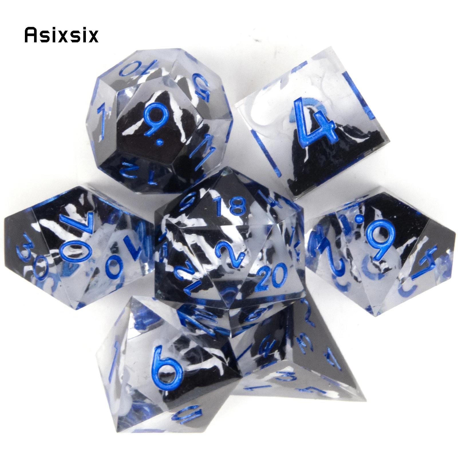 7 Pcs Black Blue Volcano Resin Golden Blue Sharp Edge Dice Polyhedral Dice Suitable for Role-Playing RPG Board Game