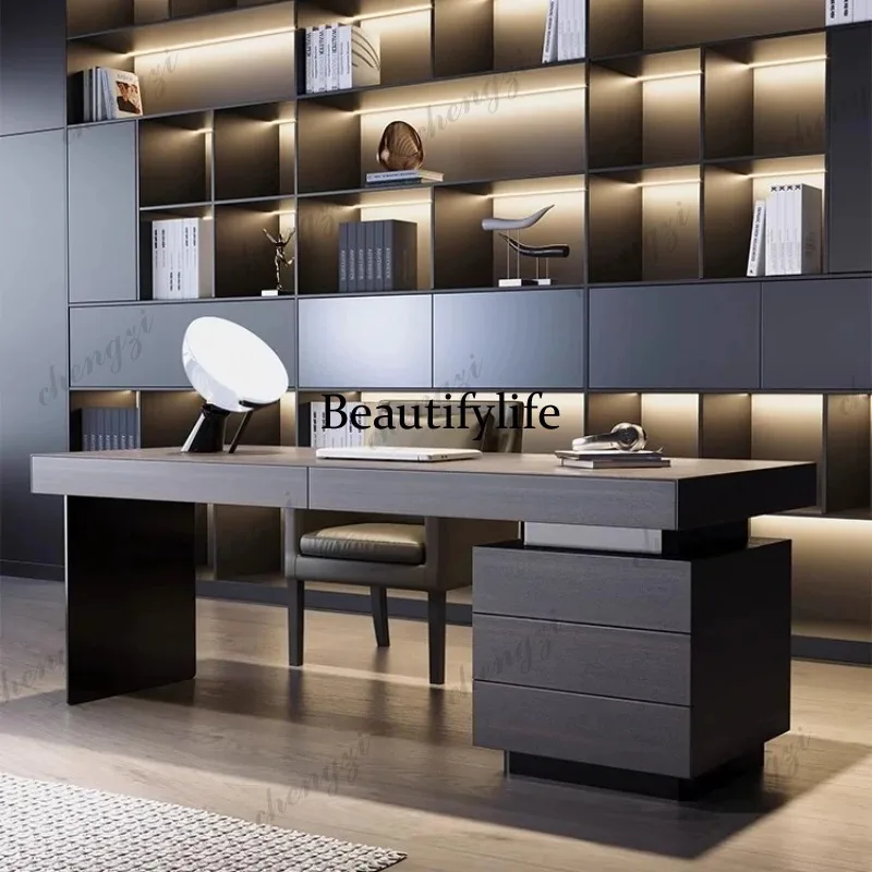 TTT  Italian Minimalist Study Office Desk Modern Smoked Wood Writing High Office Desk Designer Computer Office Furniture