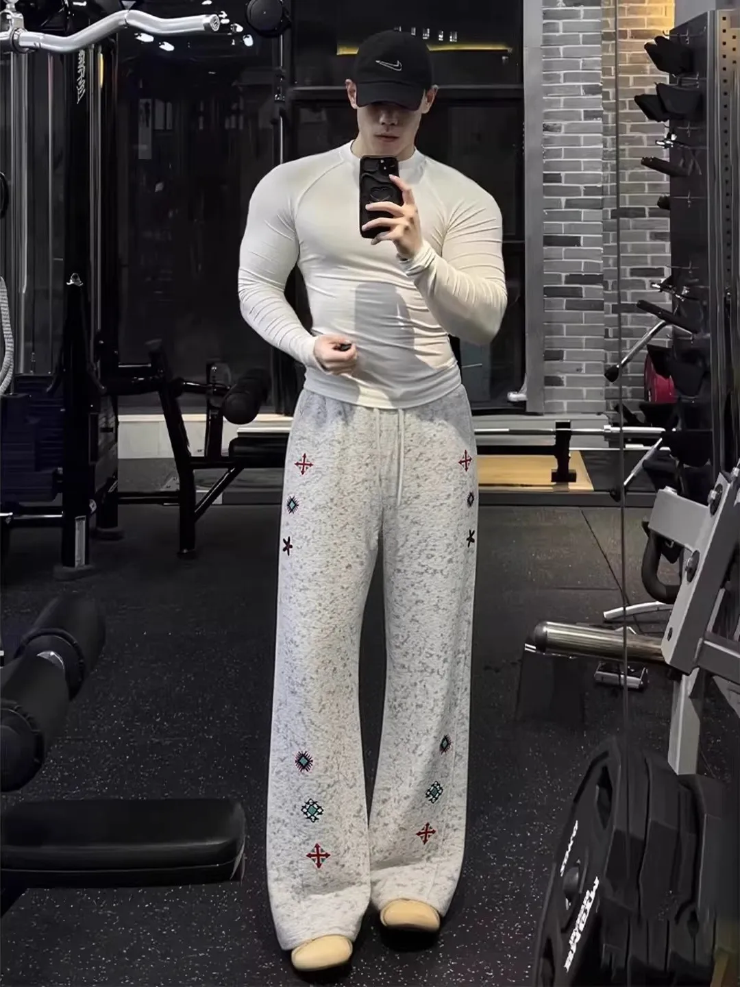 

Men's Fitn Sports Pants Embroidered ey And White Flowers Dyed Sweatpants Casual Straight Leg Spring Exercise Trousers