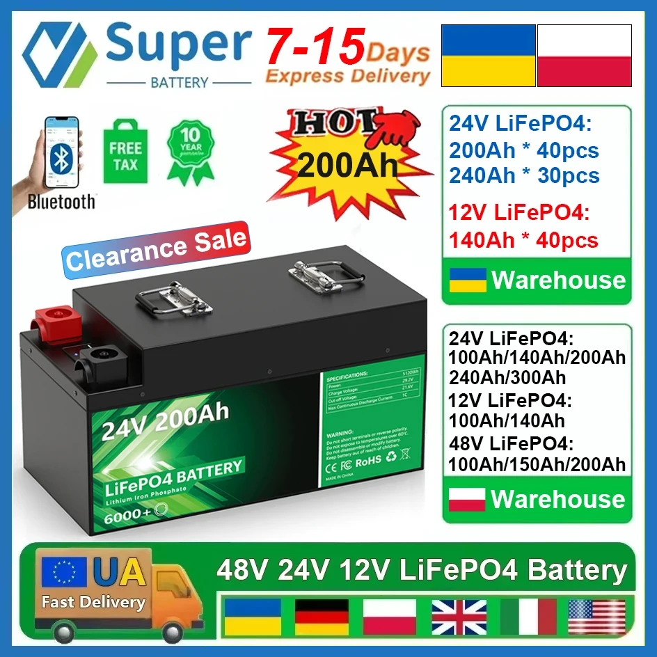 LiFePO4 24V 200Ah 240Ah 300Ah Battery Pack 6000+ Cycles Bluetooth 8S BMS 100% Capacity 12V 140Ah Lithium Battery UA STOCK NO TAX