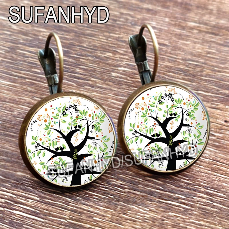 Colorful Tree Stud Earring for Women Vintage Bronze Color Leaf Glass Cabochon Tree of Life Earrings Jewelry