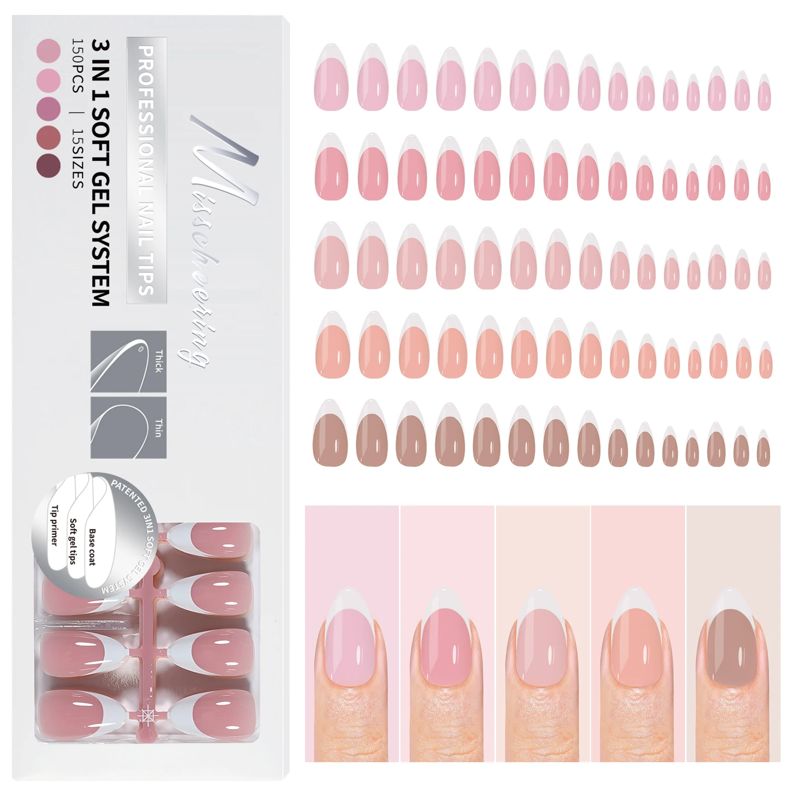 150Pcs Almond Press On Nails 3 in 1 Soft Gel Tips 5Colors Full Cover Fake False Extension Capsule Sculpted Tip Salon DIY