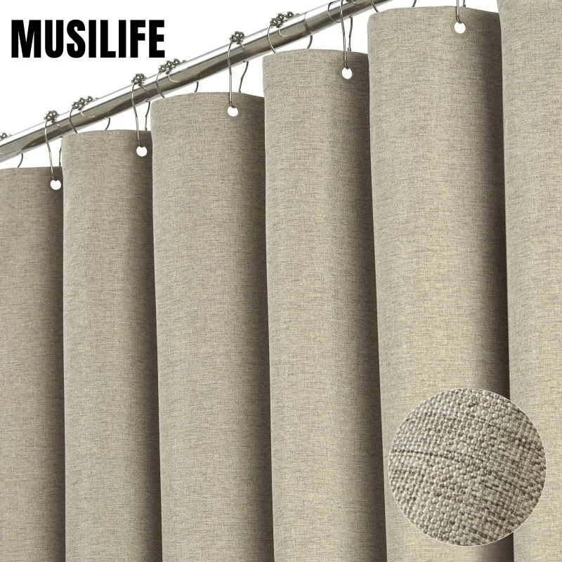 

Faux Linen Shower Curtain with Plastic Hooks Waterproof Thick Solid Color Bath Curtains for Bathroom Bathtub Large Bathing Cover