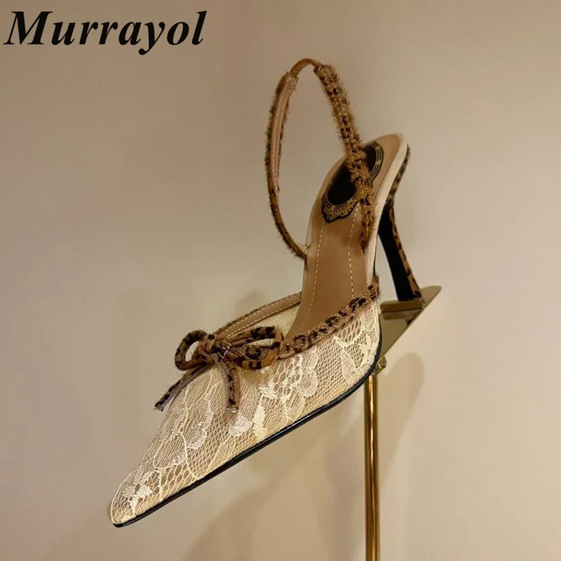 Sandali da donna in pizzo a rete con punta a punta Decorazione con nodo a farfalla Tacchi alti sottili Sandali con cinturino alla caviglia Scarpe da festa estive Décolleté