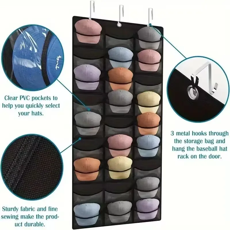 Clear over the Door Hat Rack Organizer with 27 Pockets And 3 Hooks Storage for Baseball Caps And Other Accessories