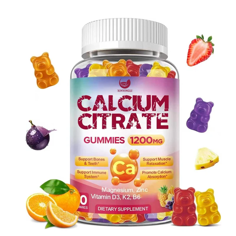 Calcium citrate gummies -1200mg calcium gummies supplement, containing vitamins D3, K2, magnesium, zinc, and immune support