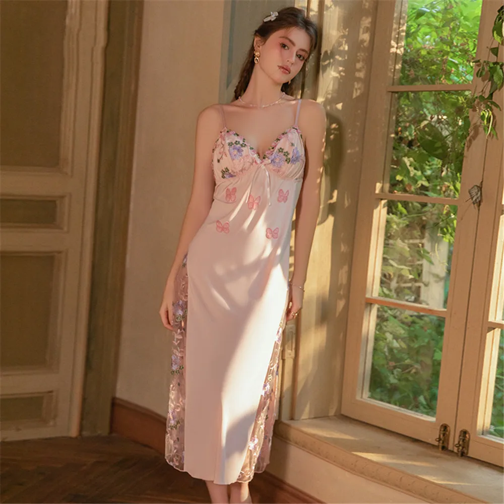 

Роскошная вышитая длинная ночная сорочка с кружевными вставками для женщин, домашняя одежда, летняя ночнушка, одежда для отдыха