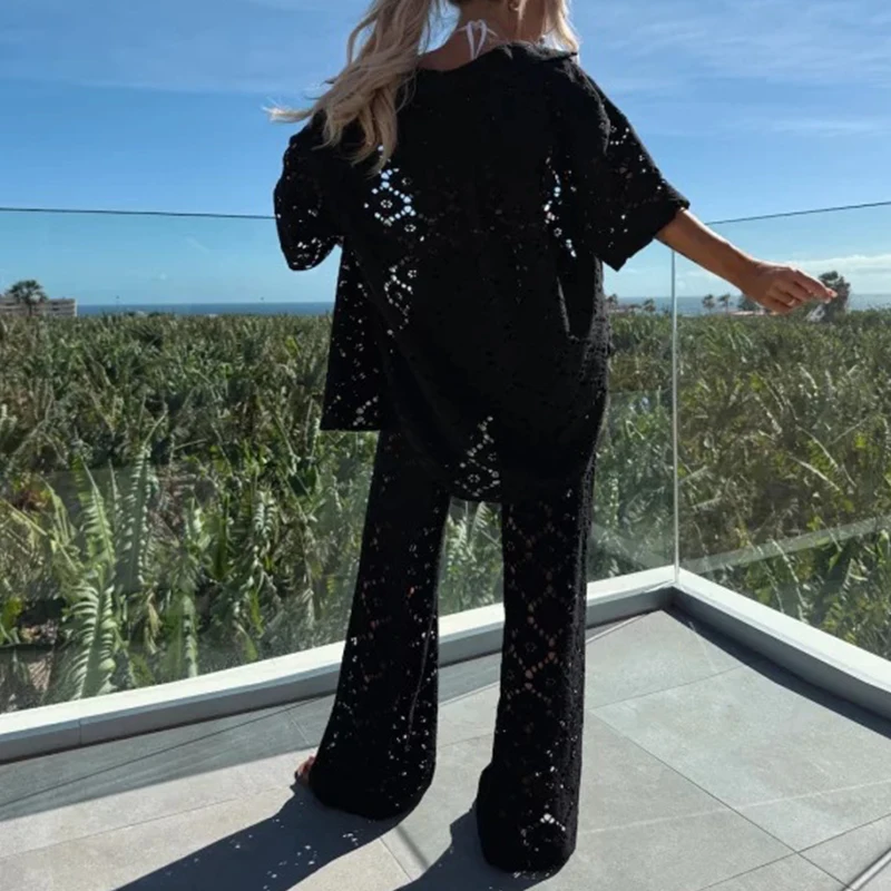 

Летний топ с короткими рукавами и длинные брюки с лацканами, пляжный костюм, праздничный однотонный повседневный наряд, 2025 г., кружевной полый свободный женский комплект из двух предметов
