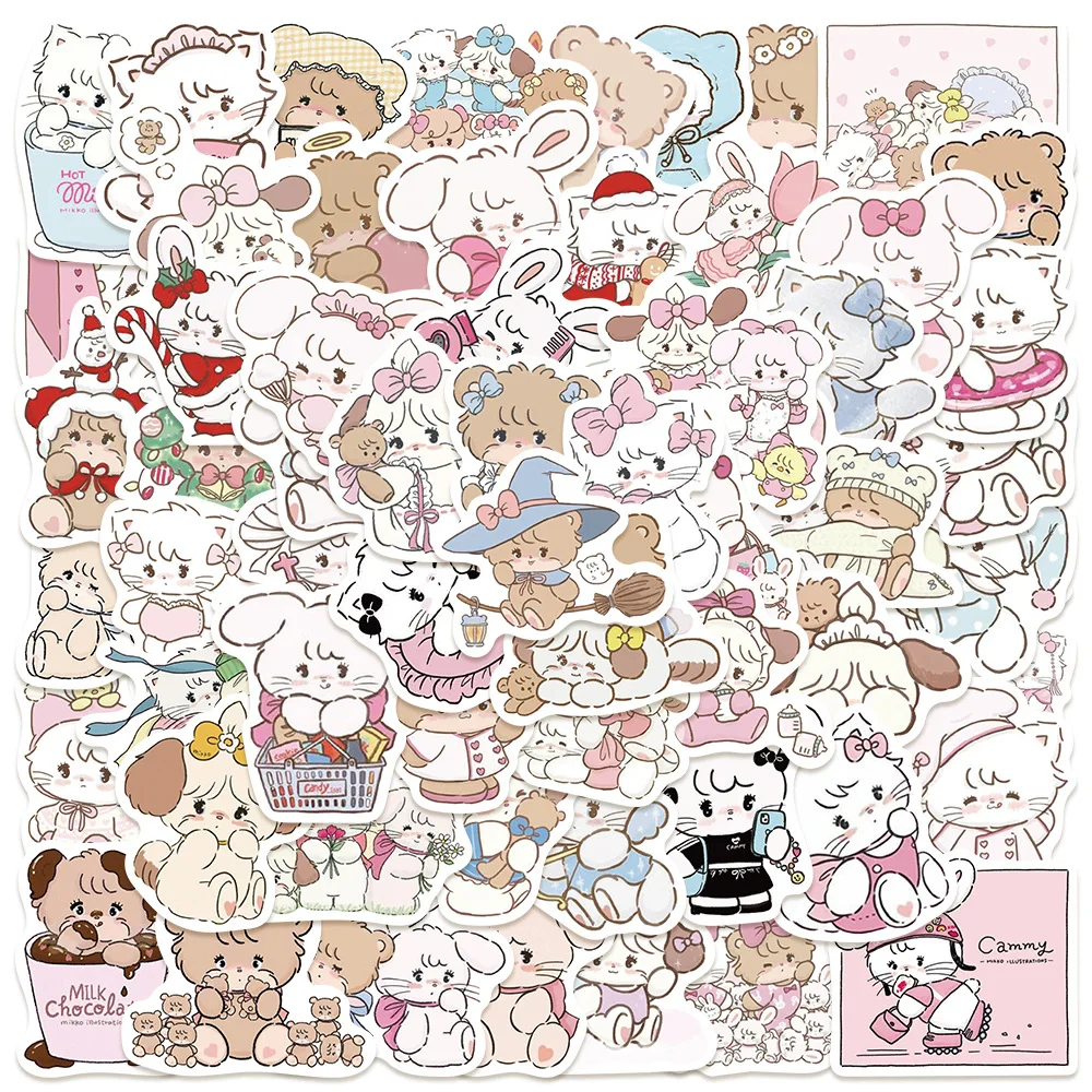 60Pcs Mikko Kawaii Kitty Bear Cartoon Stickers Aesthetic Scrapbooking Laptop Luggage Waterproof Cute Stickers for Kids Girls