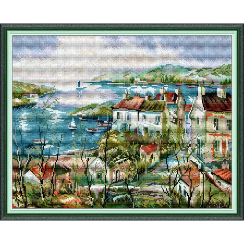 

Seaside Town Scenery Pattern Cross Stitch Handmade Embroidery Kit 14CT 11CT Counting Fabric Needle And Thread Set DIY Home Decor
