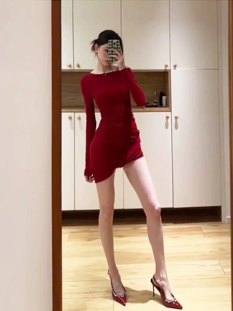 

Red Bodycon Dress Women's plus Size High Waist A-Line Skirt Long Sleeve Short Dress Korean Style Commute Wind Autumn Dress