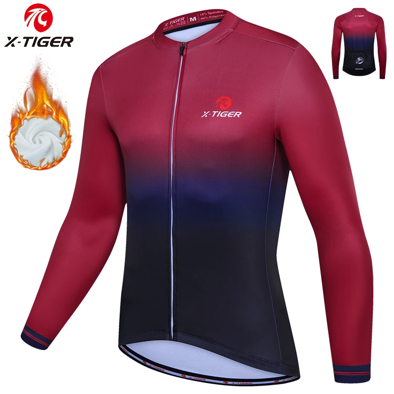 

X-TIGER Men Bike Jersey Winter Long Sleeve Thermal Fleece Cycling Jerseys Anti-Pilling Bicycle Clothes Road Racing Bicycle Shirt