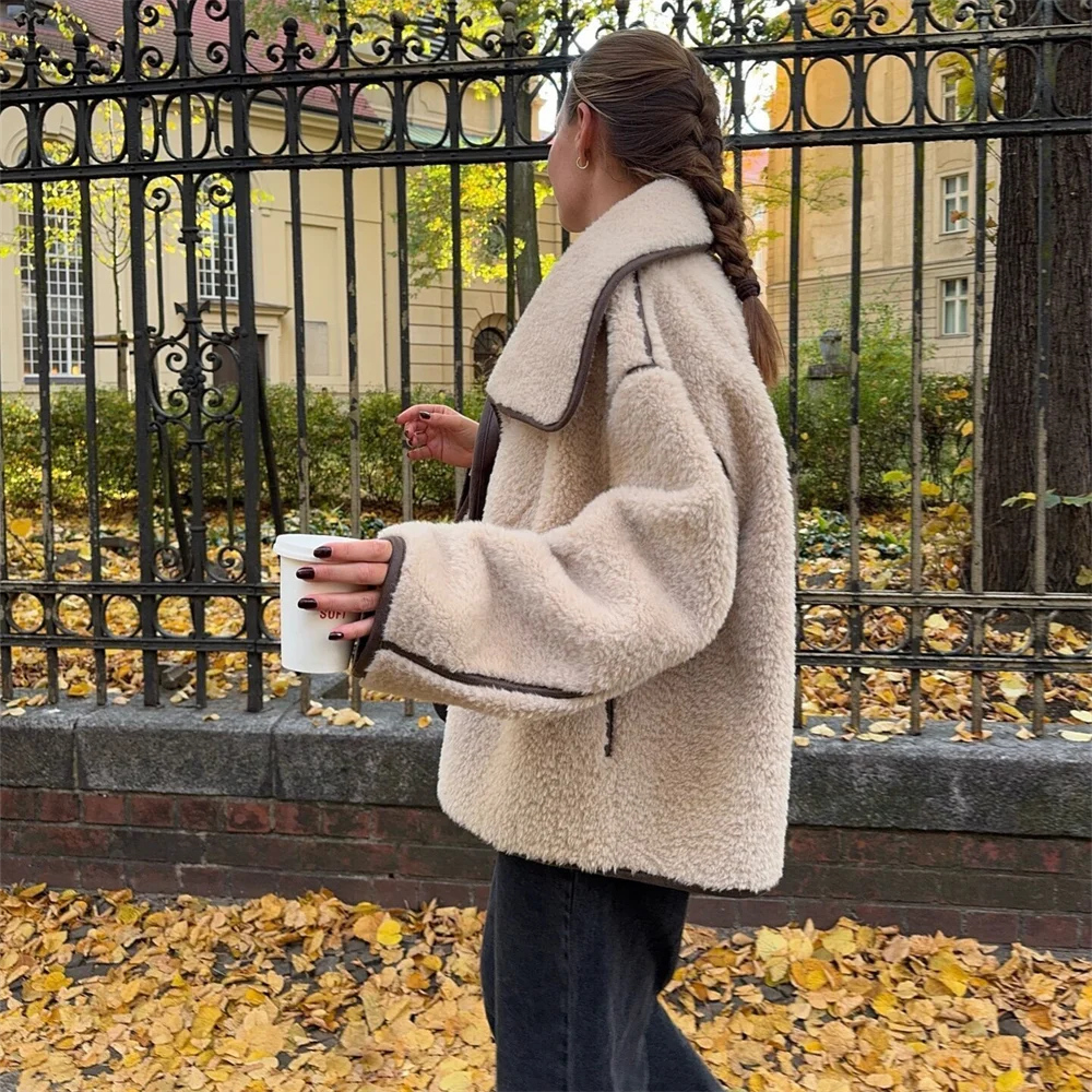 เสื้อแจ็คเก็ตขนแกะเทียม คอปกพับ สไตล์ลำลอง ใส่สบาย อุ่น สำหรับผู้หญิง ฤดูหนาว 2024