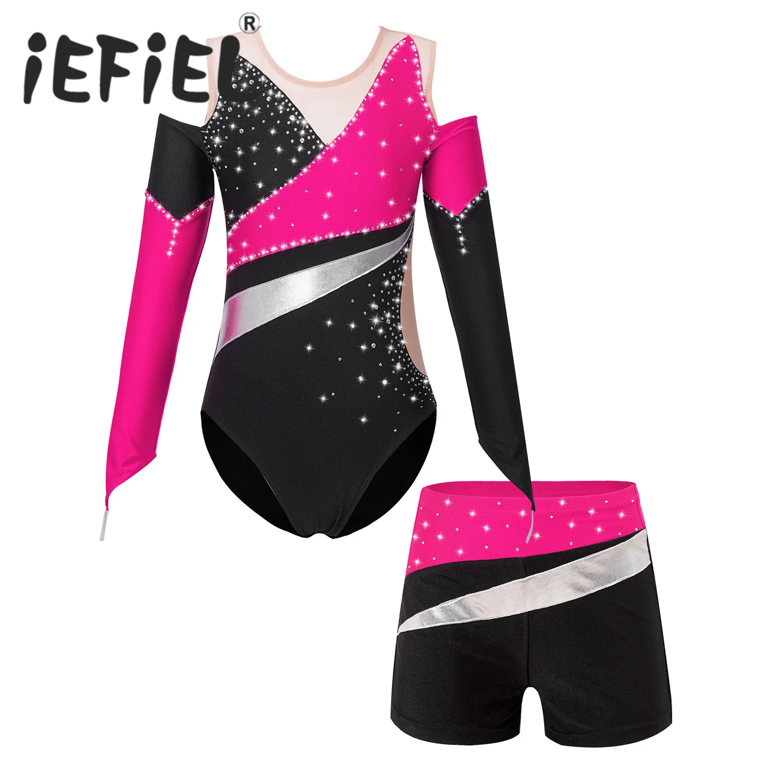 Kids Girls Ballet Dance Sets Sports Gymnastics Workout Dancewear Rhinestone Leotards with Shorts Figure Skating Dance Costume