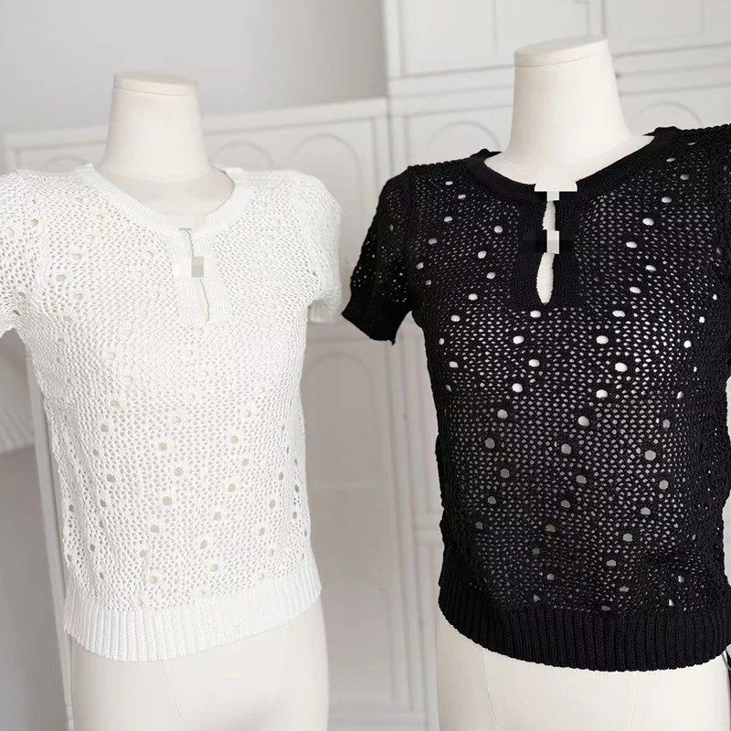 자수 속이 빈 니트 탑 슬림핏 스웨터 한국 패션 니트웨어 반소매 블랙 셔츠