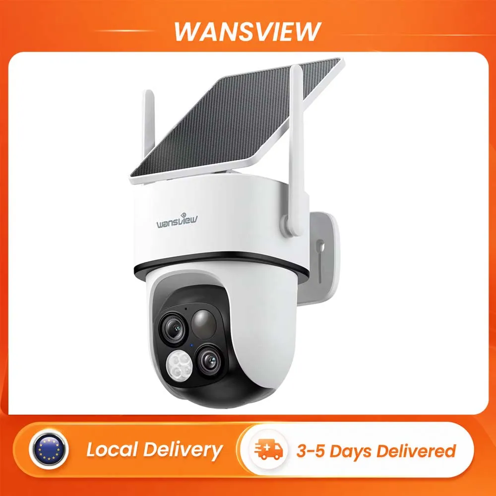 Wansview Telecamera di Sicurezza Solare 2K 3MP a Doppia Lente, Wireless WiFi per Esterni, Alimentata a Batteria, PTZ con Rilevamento Umano PIR, Visione Notturna a Colori, Audio Bidirezionale 355 °