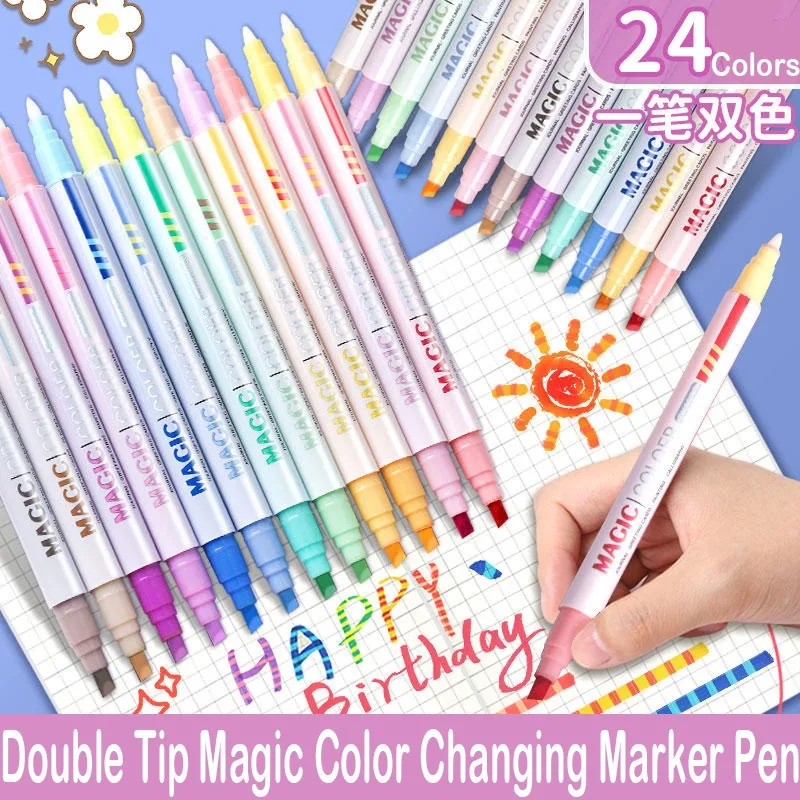 6/12 PCS Double Headed Color Changing Pen Marking Fluorescent Marker Hand Ledger Pen Set for Students School Supplies Stationery