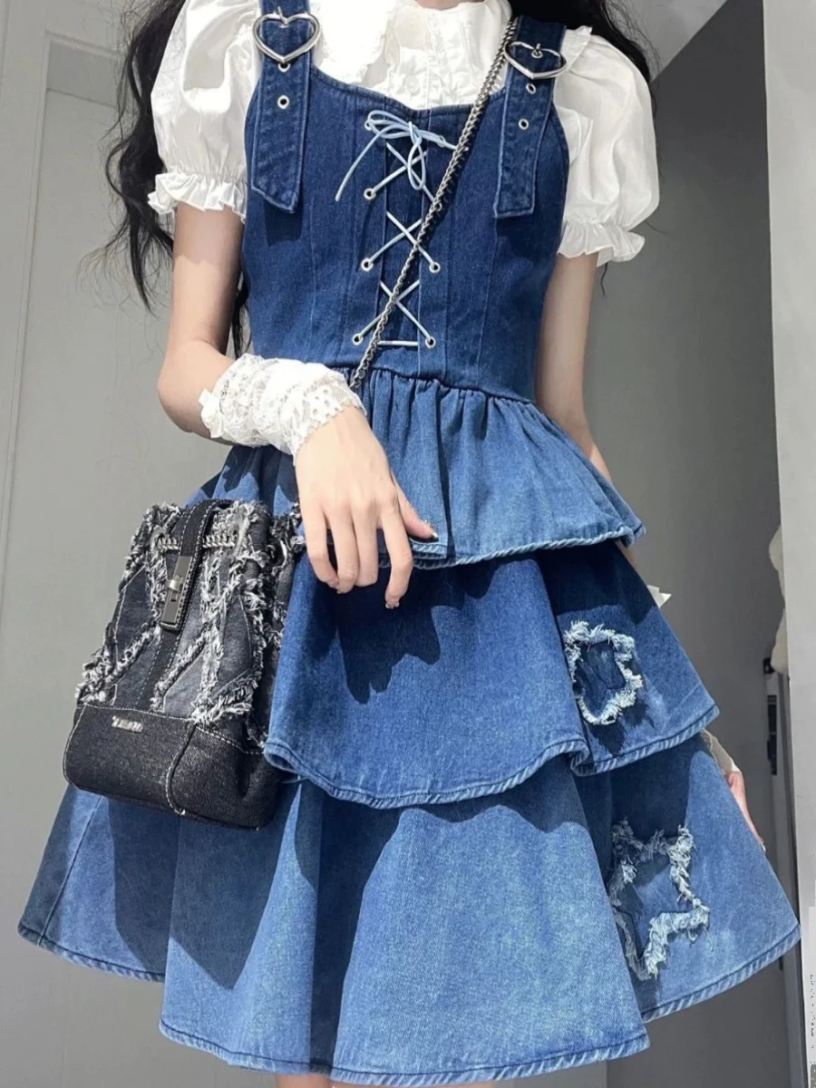 

Denim Babydoll Dress Women Summer Tiered Ruffle Hem Structured Silhouette Baddie Aesthetic Playful Rebellion Y2K Blue Fairy Core